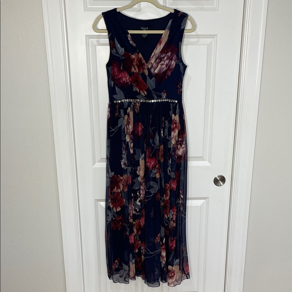 Alexa B Nites Maxi Dress Size 6 V Neck Floral Sleeveless Mesh Embellished Blue - Picture 1 of 15